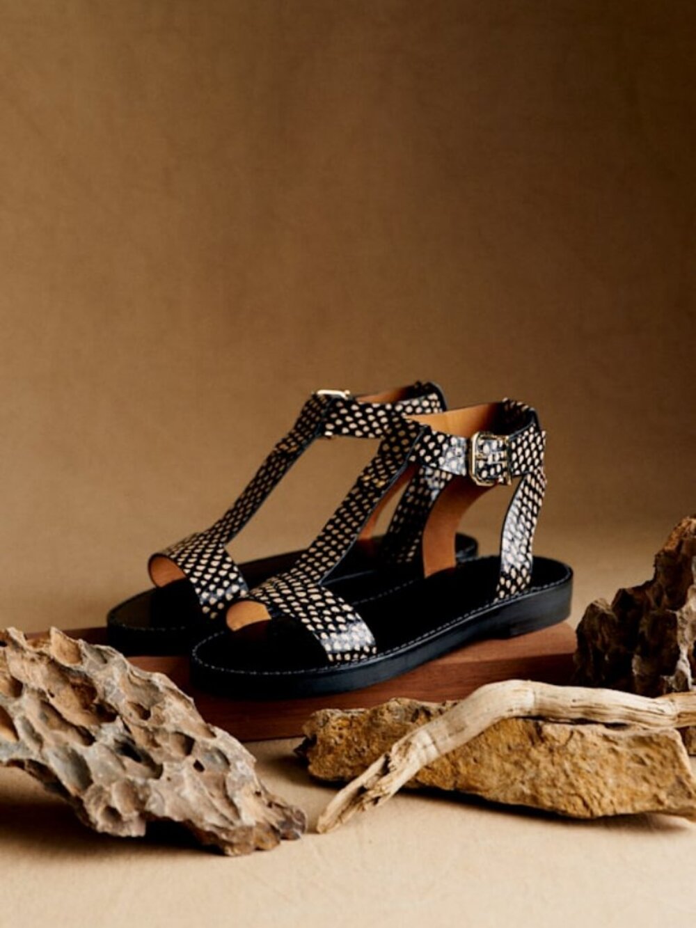 Sézane Tisha Low Sandals Ecru Black Snakeskin | 40